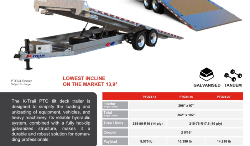 
								2027 K-Trail 102”x24ft Deckover Tilt Trailer 20,000lbs full									