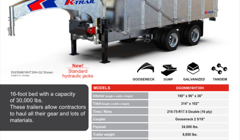 
								2027 K-Trail 8x16ft Gooseneck Dump Trailer 32,500lbs full									